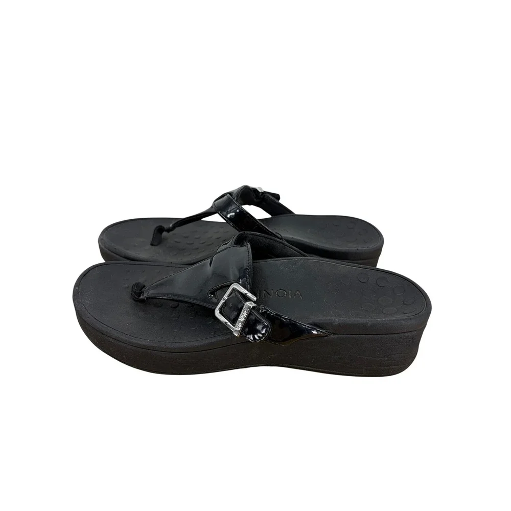 Vionic‎ Women Black Patent Leather Platform Wedge Thong Sandals Buckle Strap 8